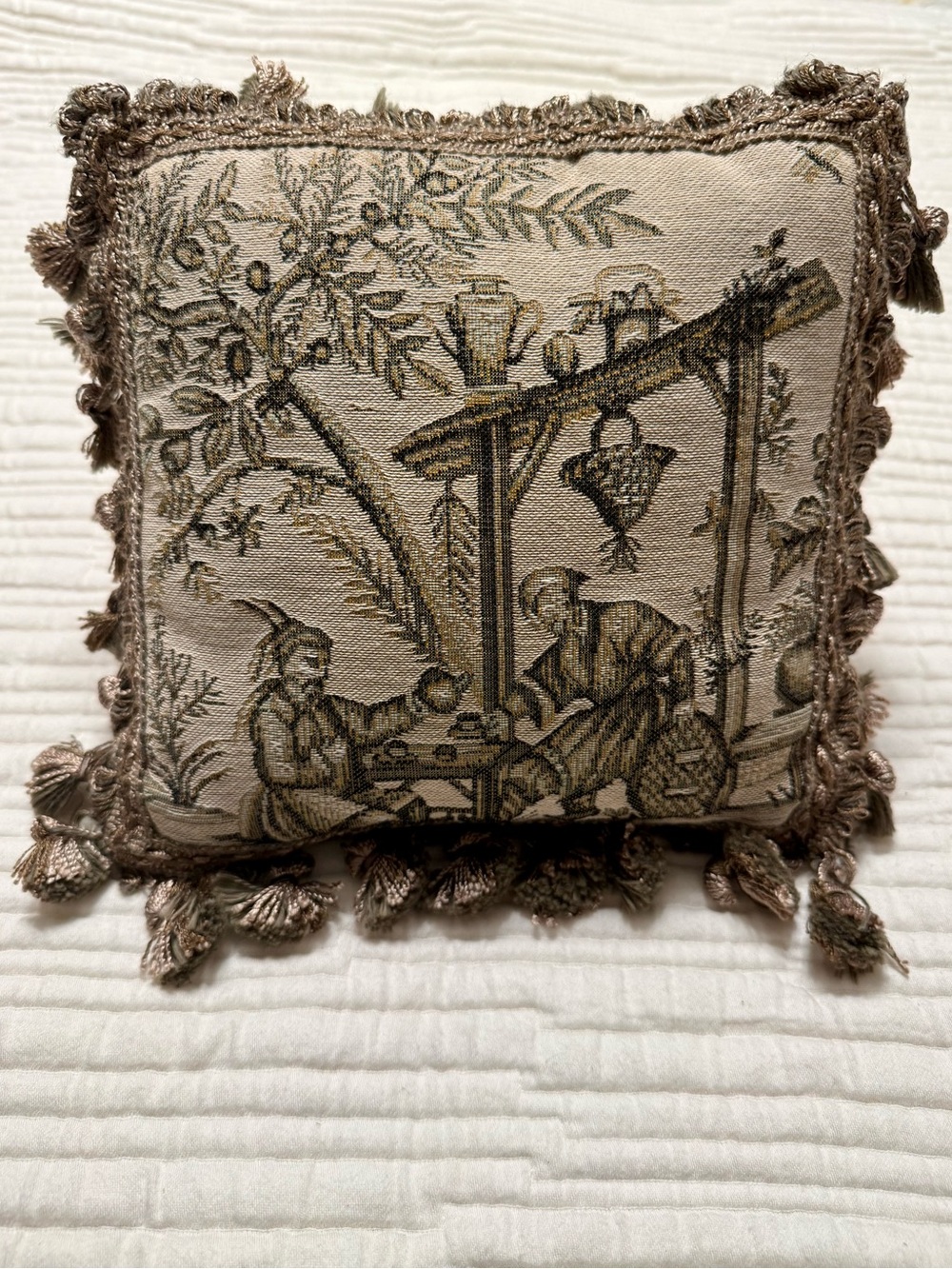 Vintage Decorative Beige Tapestry Throw Pillow with Tassels 8-inches